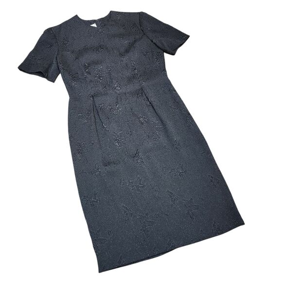 Vintage 70s Dress Black Embossed Floral‎ Short Sleeve Pencil Knee Length 10 M - Picture 2 of 13